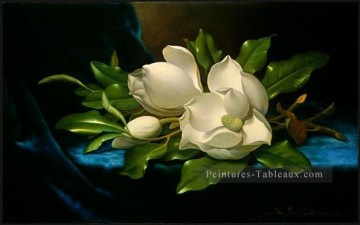 Magnolias géants sur un tissu bleu velours romantique fleur Martin Johnson Heade Peinture à l'huile